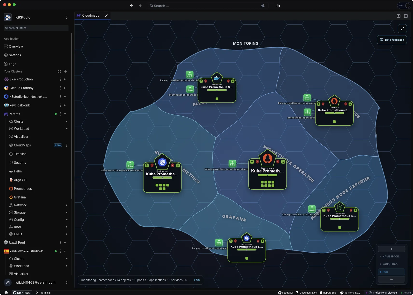 K8Studio CloudMaps showing Kubernetes namespace regions, workloads, services, and relationships