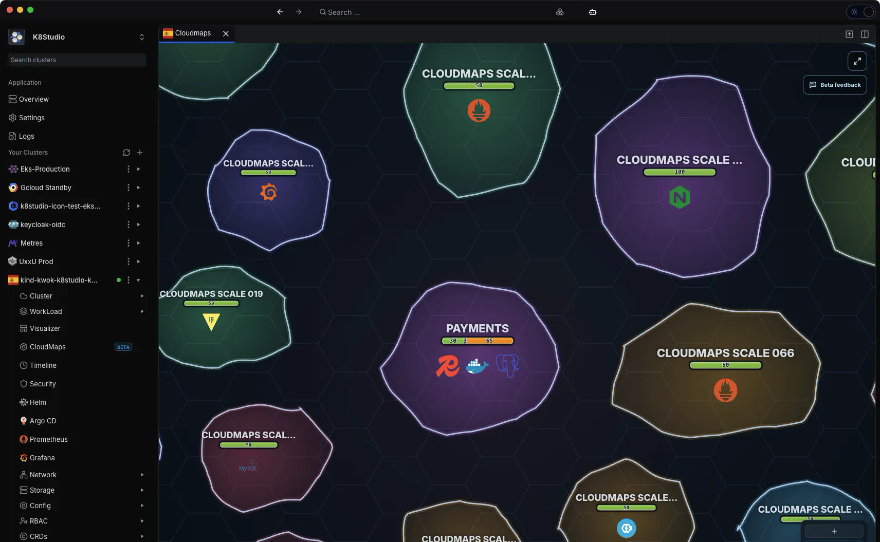 K8Studio CloudMaps beta overview showing namespaces, apps, workloads, and more than 5,000 Kubernetes workloads